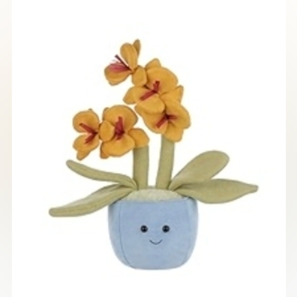 BUTTERFLY ORCHID 🦋🪷 11" Yellow Red Green Flower Plush in Blue Smiling Pot NWT
